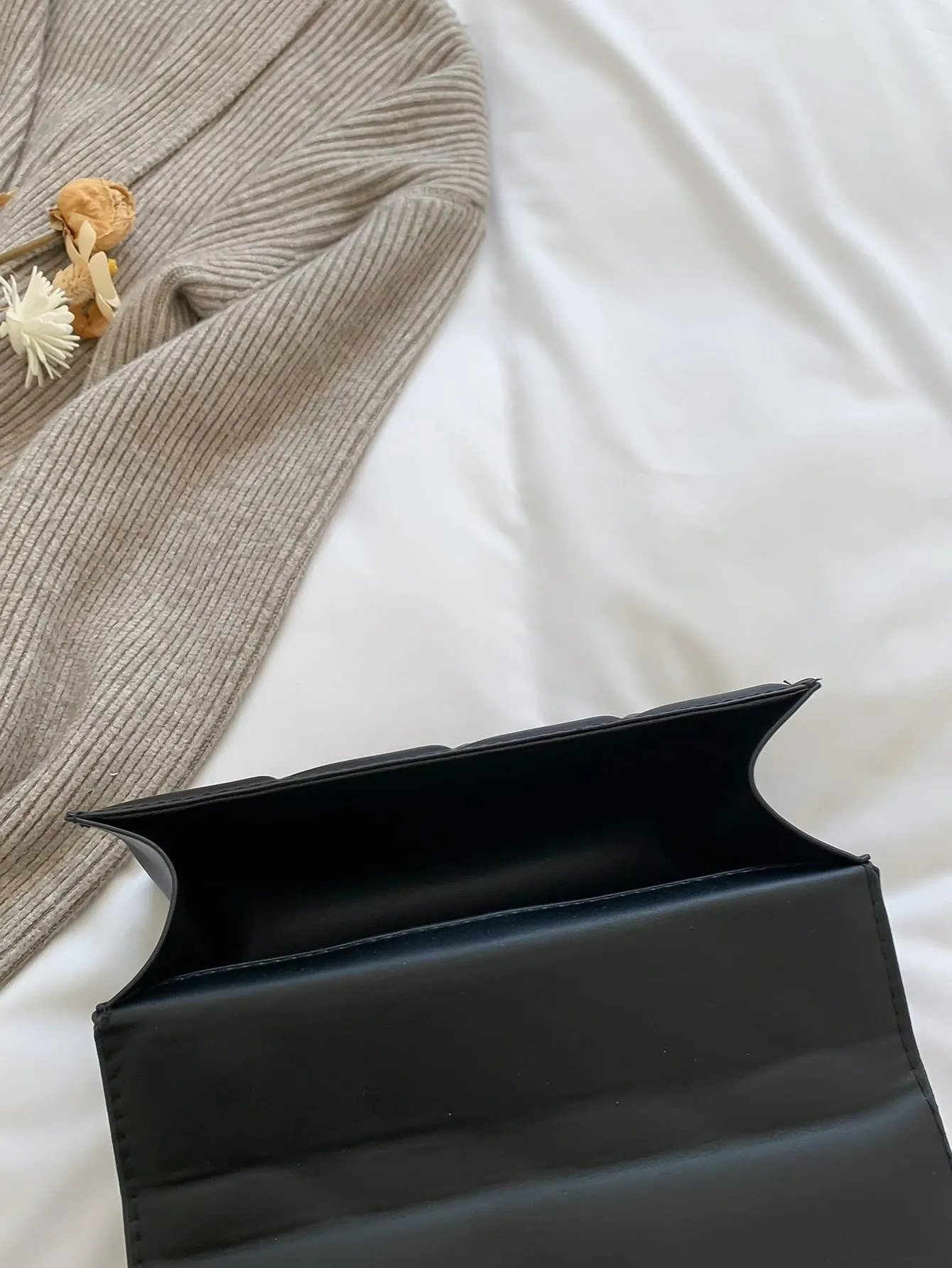 Quilted Chain Flap Square Bag - Black