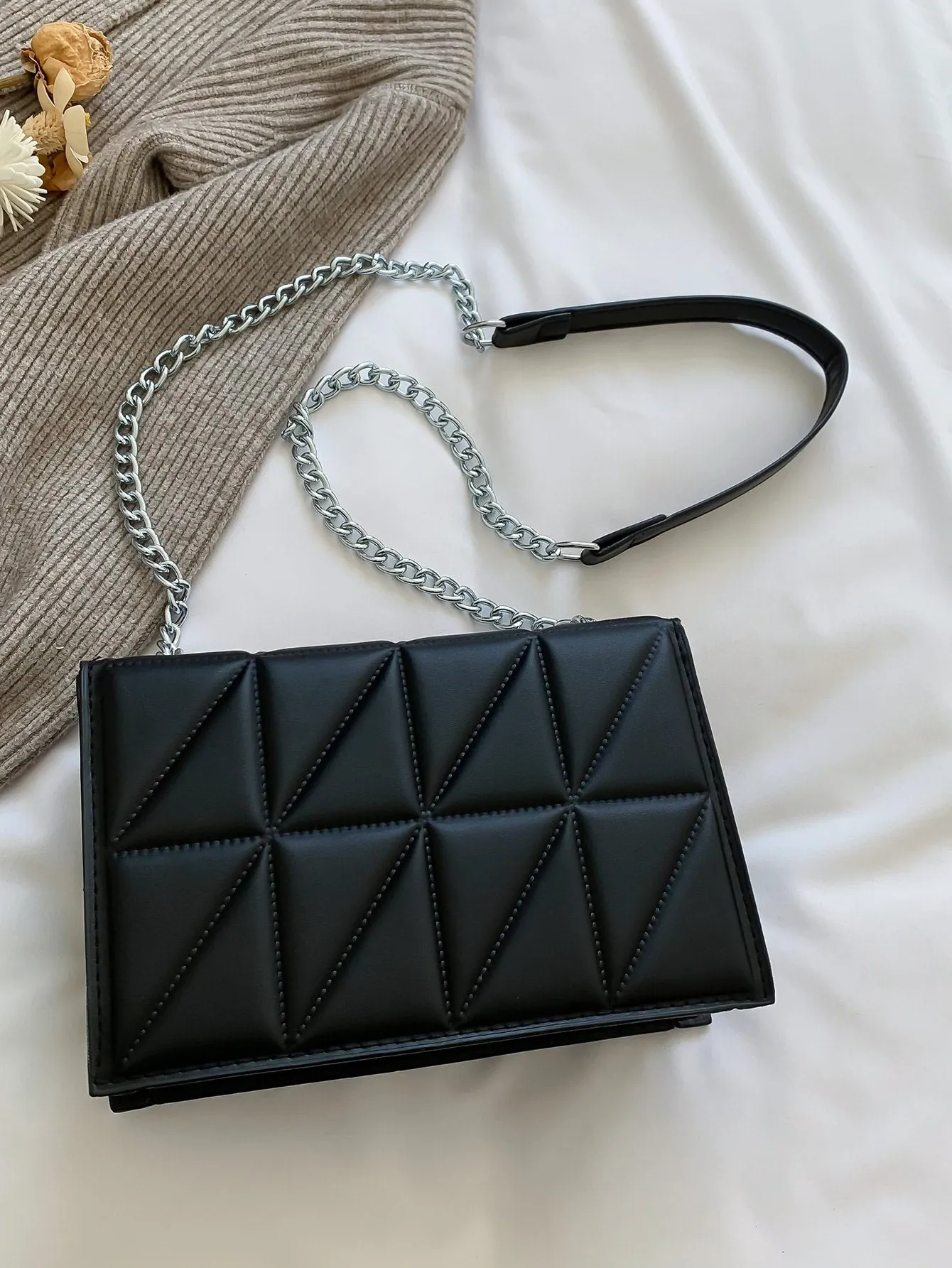 Quilted Chain Flap Square Bag - Black