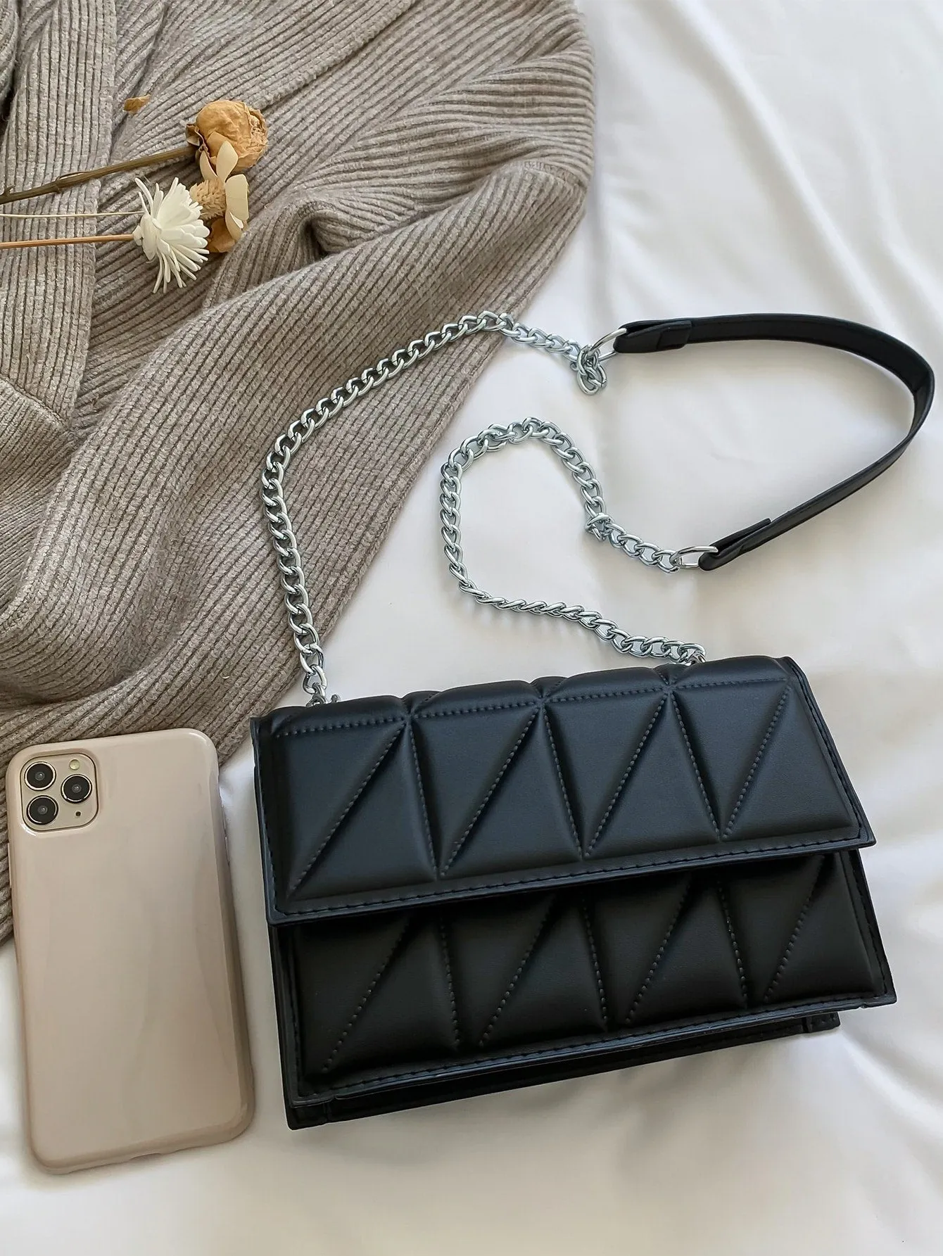 Quilted Chain Flap Square Bag - Black