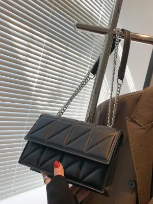 Quilted Chain Flap Square Bag - Black