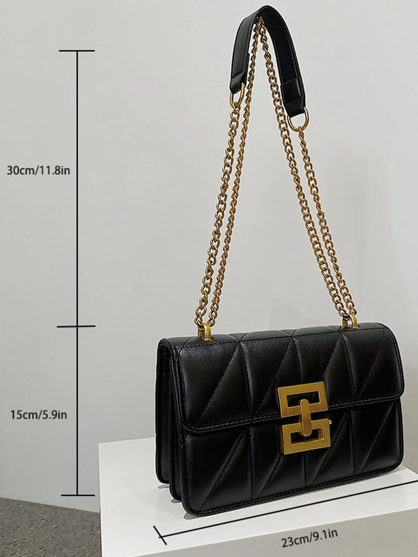 Quilted Metal Decor Flap Chain Square Bag - Black
