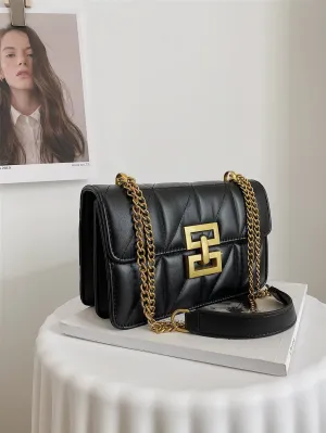 Quilted Metal Decor Flap Chain Square Bag - Black