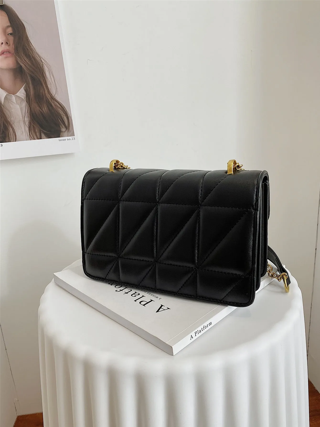 Quilted Metal Decor Flap Chain Square Bag - Black
