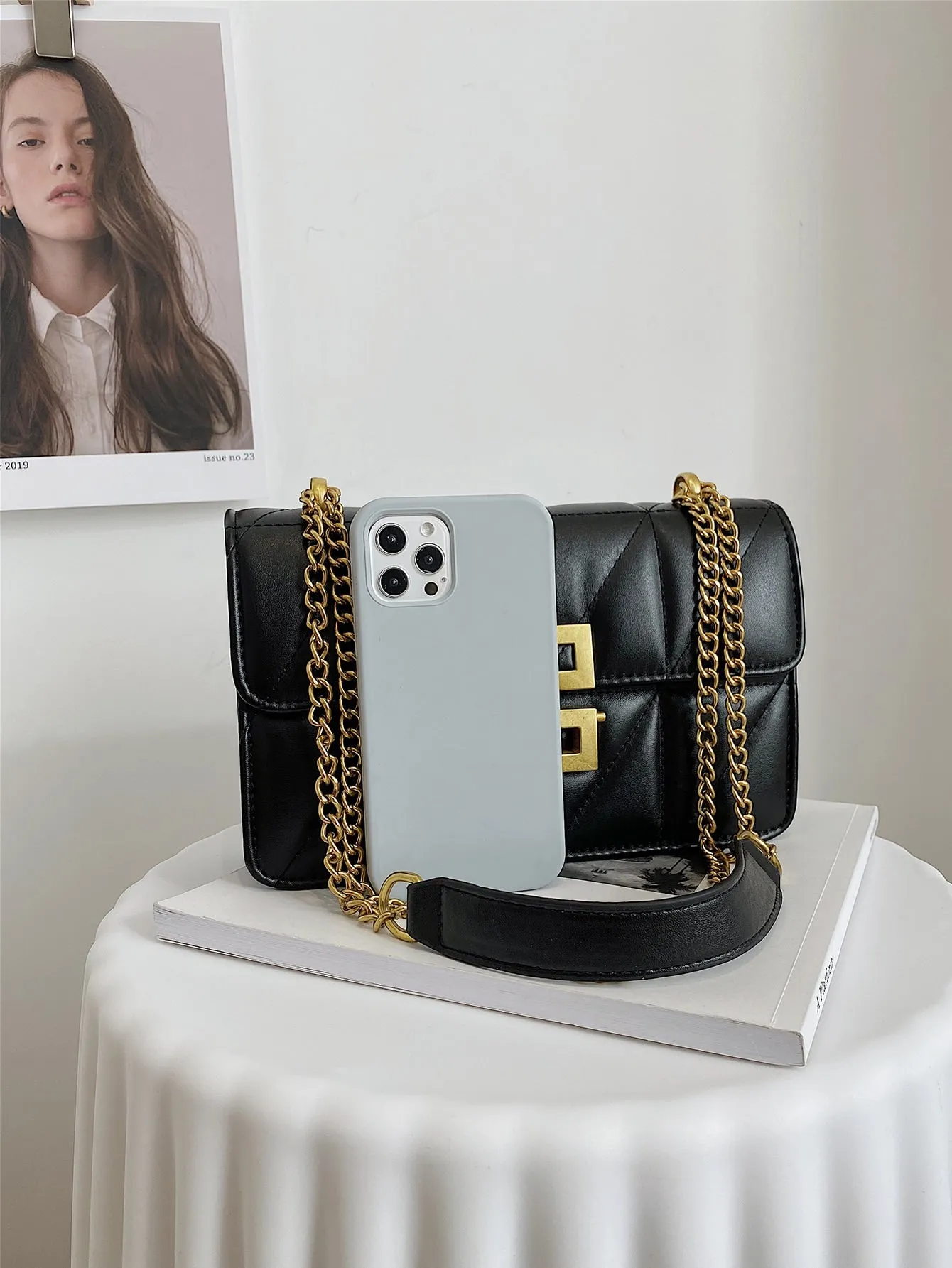 Quilted Metal Decor Flap Chain Square Bag - Black