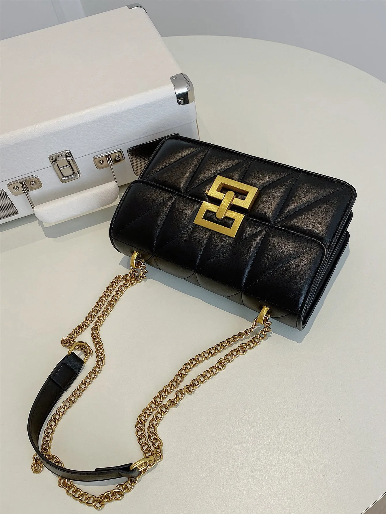 Quilted Metal Decor Flap Chain Square Bag - Black
