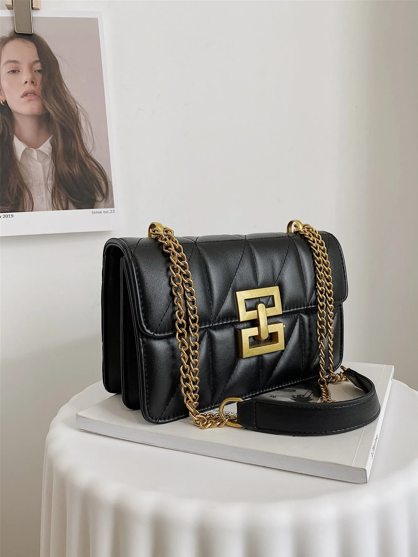 Quilted Metal Decor Flap Chain Square Bag - Black