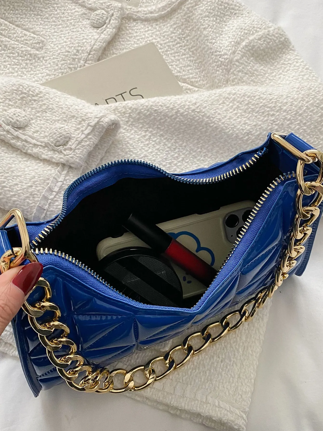 Quilted Pattern Baguette Bag - Blue - FD ⚡