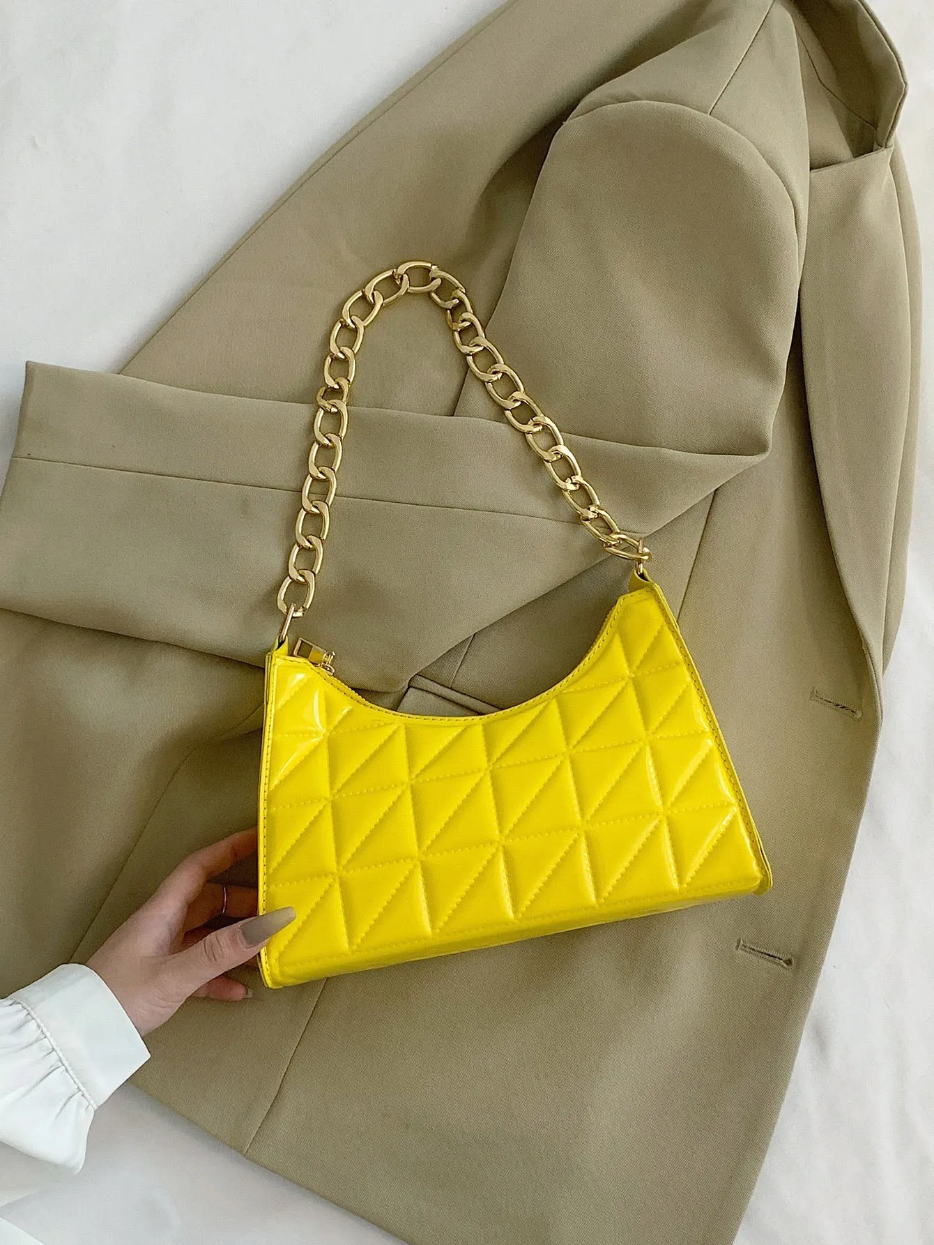 Quilted Pattern Baguette Bag - Yellow