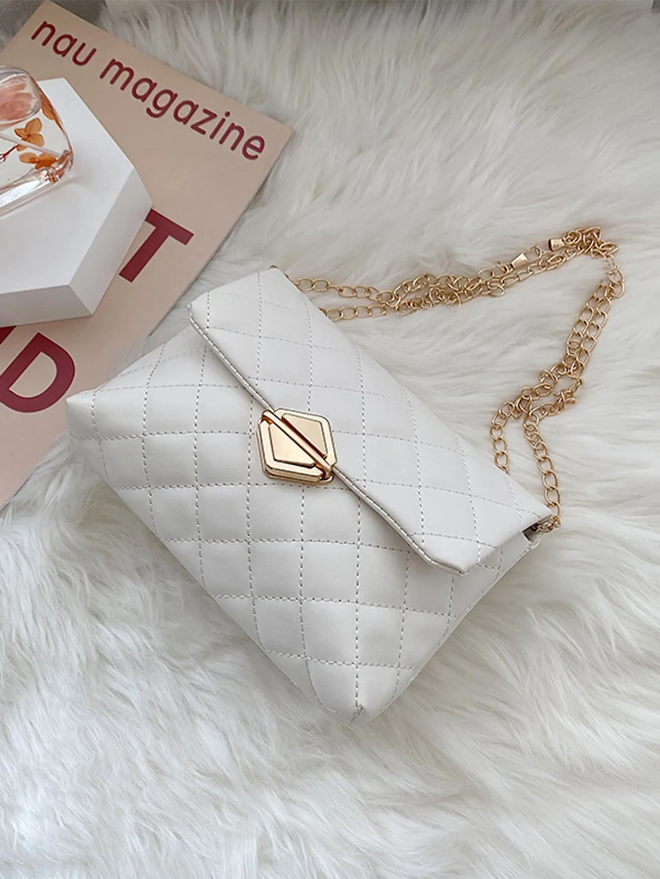 Quilted Push Lock Chain Bag - White