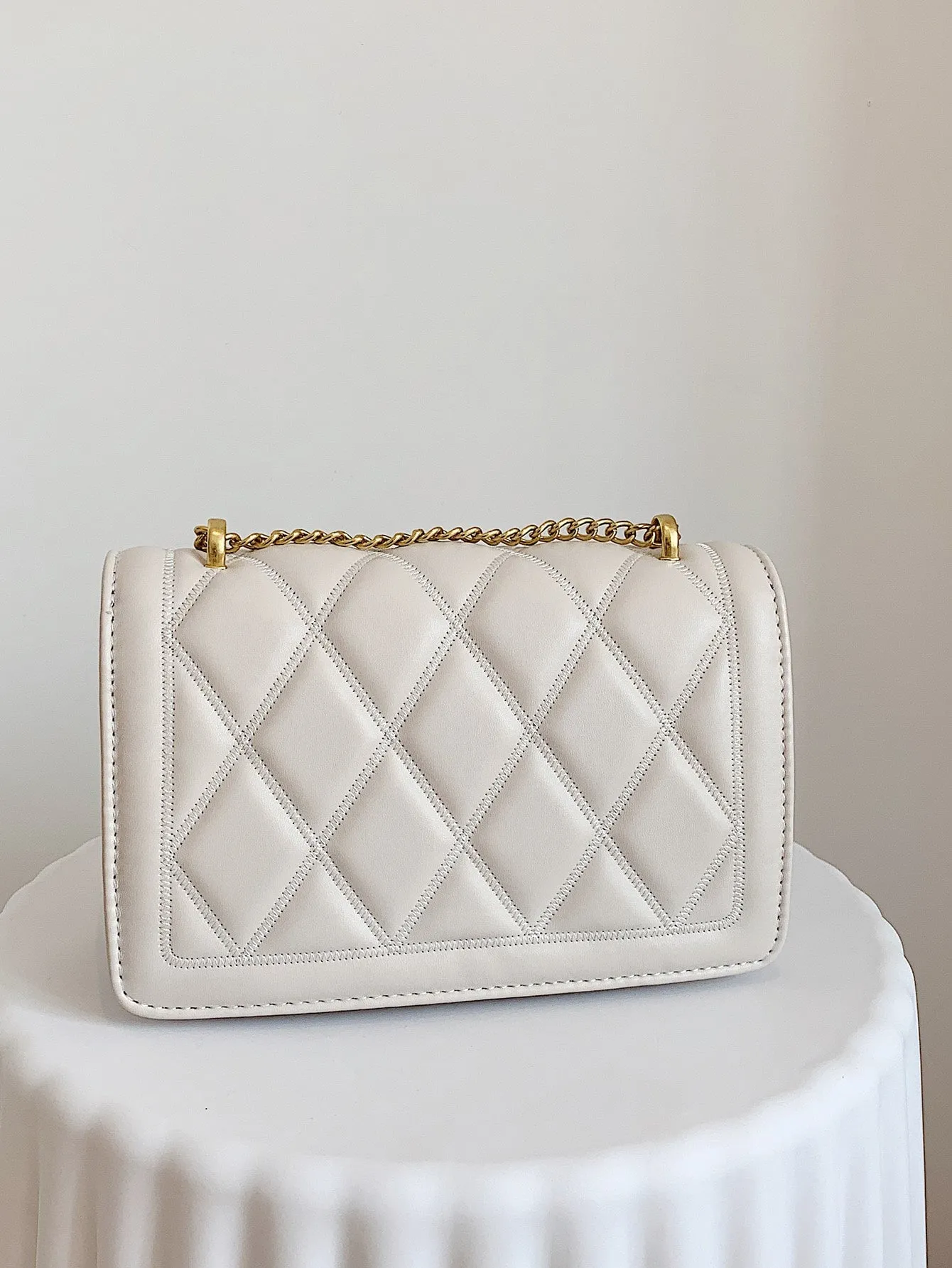Quilted Push Lock Flap Chain Square Bag - White