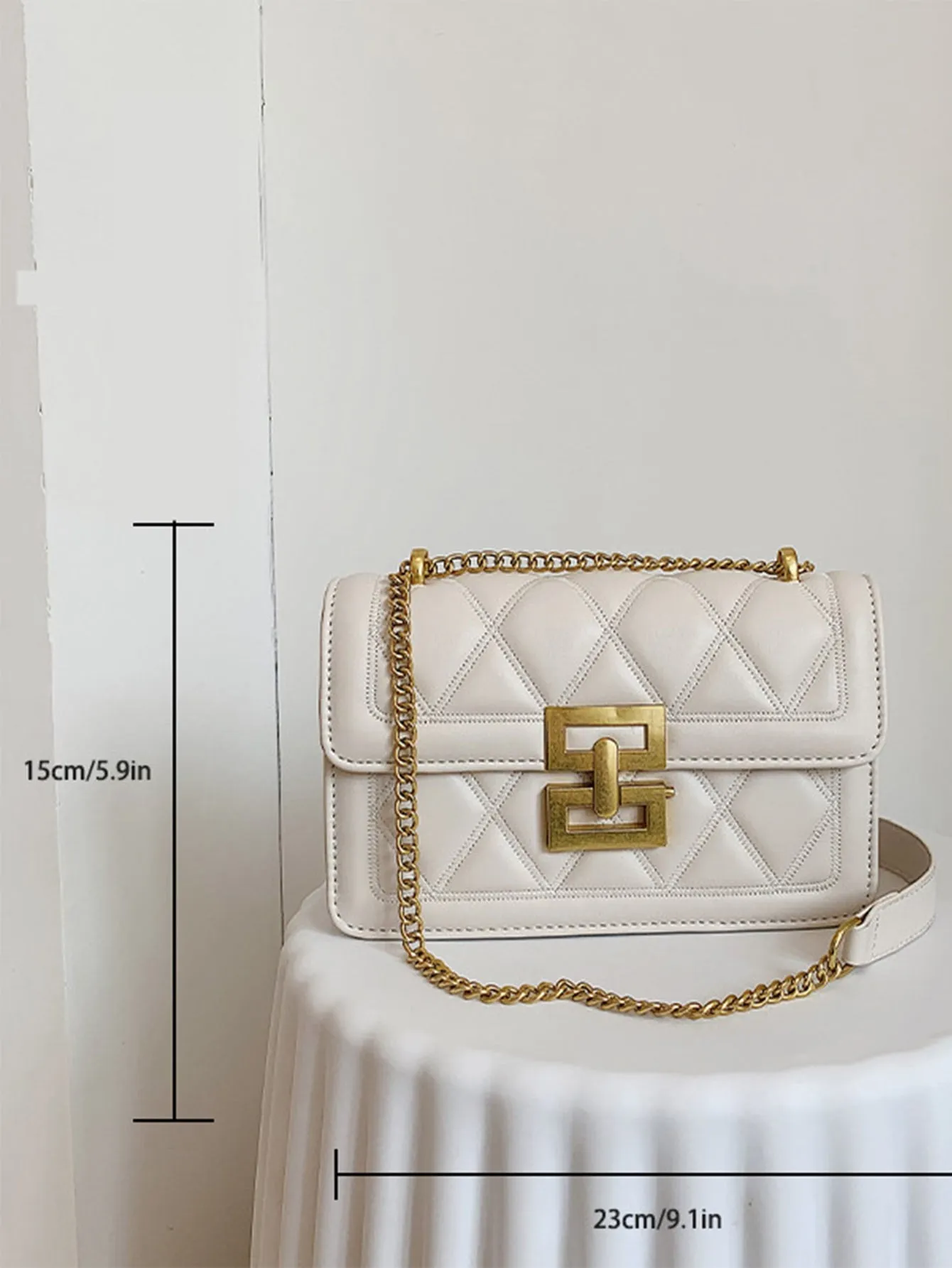 Quilted Push Lock Flap Chain Square Bag - White