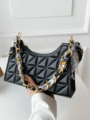 Quilted Twilly Scarf Decor Baguette Bag - Black
