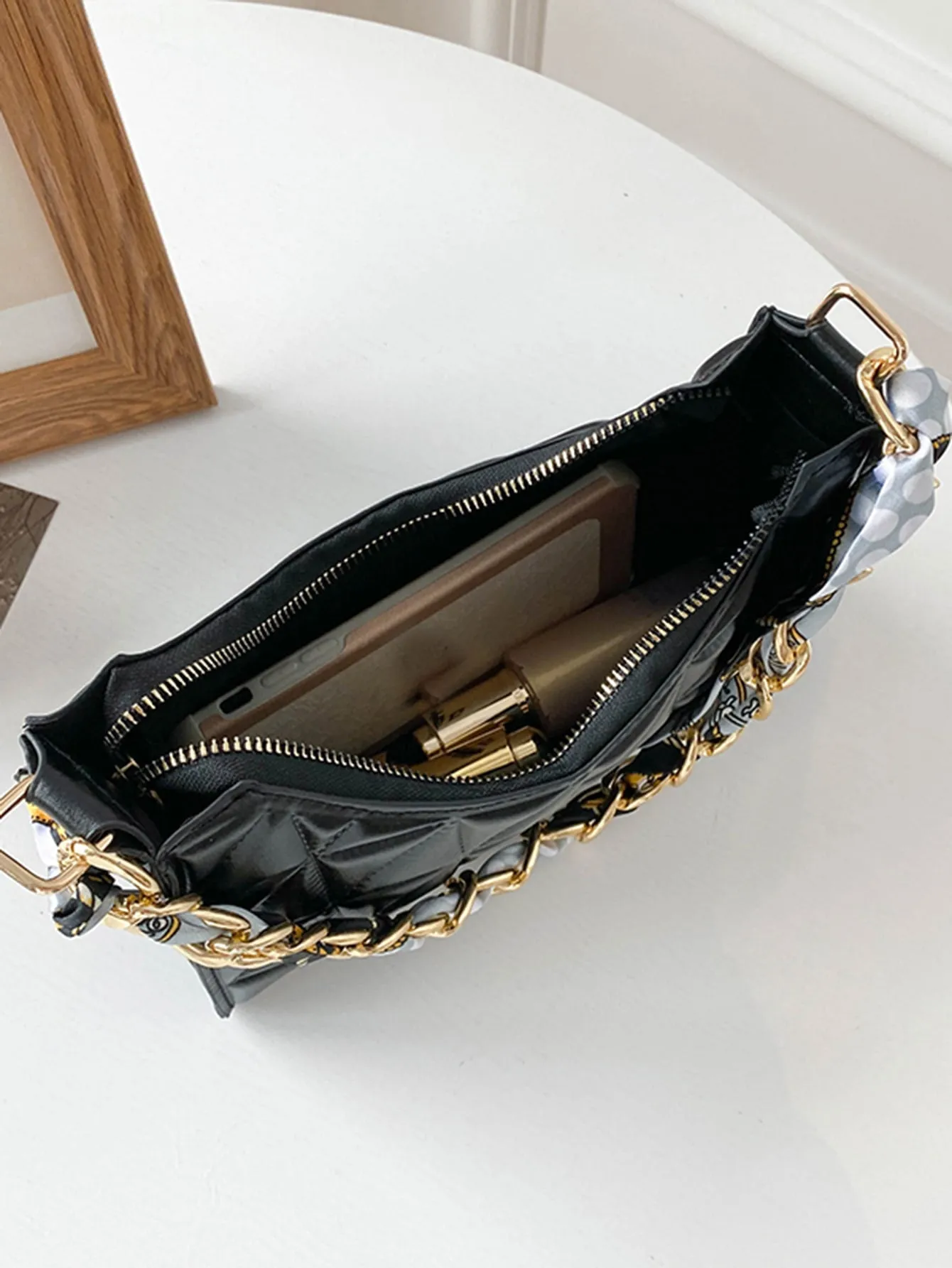 Quilted Twilly Scarf Decor Baguette Bag - Black