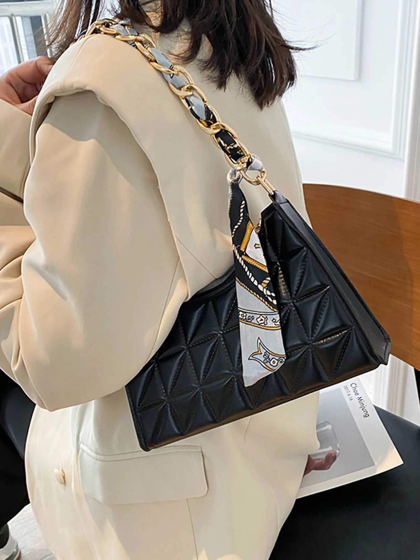 Quilted Twilly Scarf Decor Baguette Bag - Black