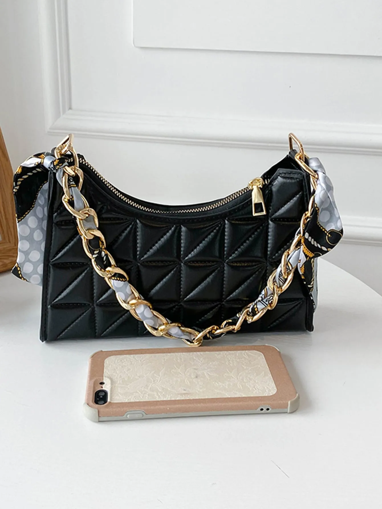 Quilted Twilly Scarf Decor Baguette Bag - Black