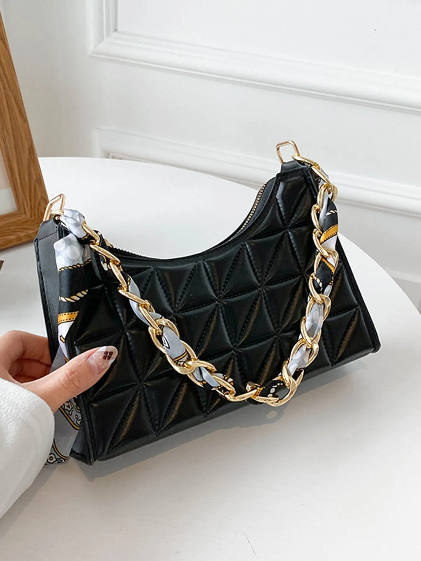 Quilted Twilly Scarf Decor Baguette Bag - Black