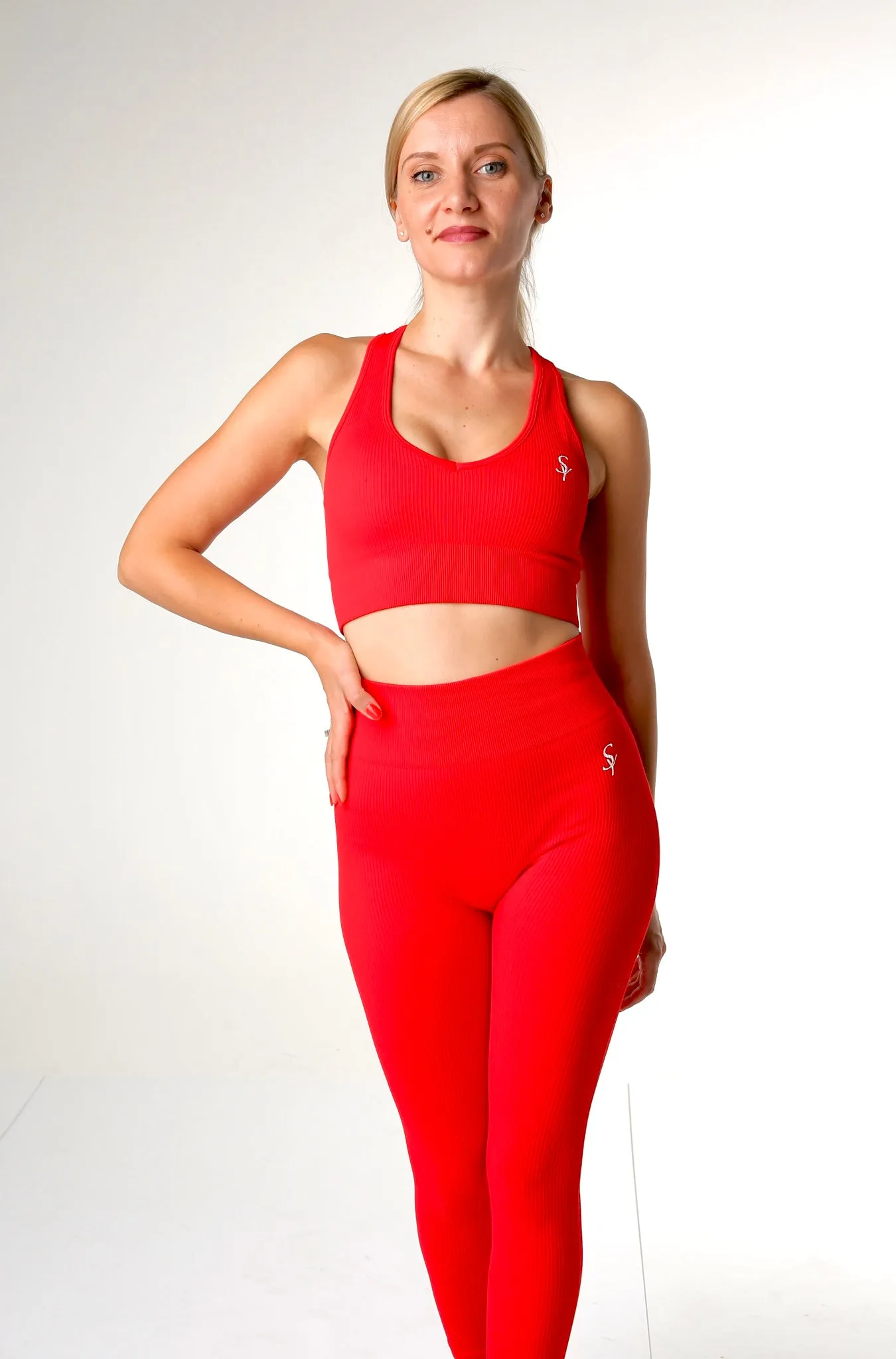 "Aoma'' Red - Stylish Long sleeve, Legging and  Bra Set
