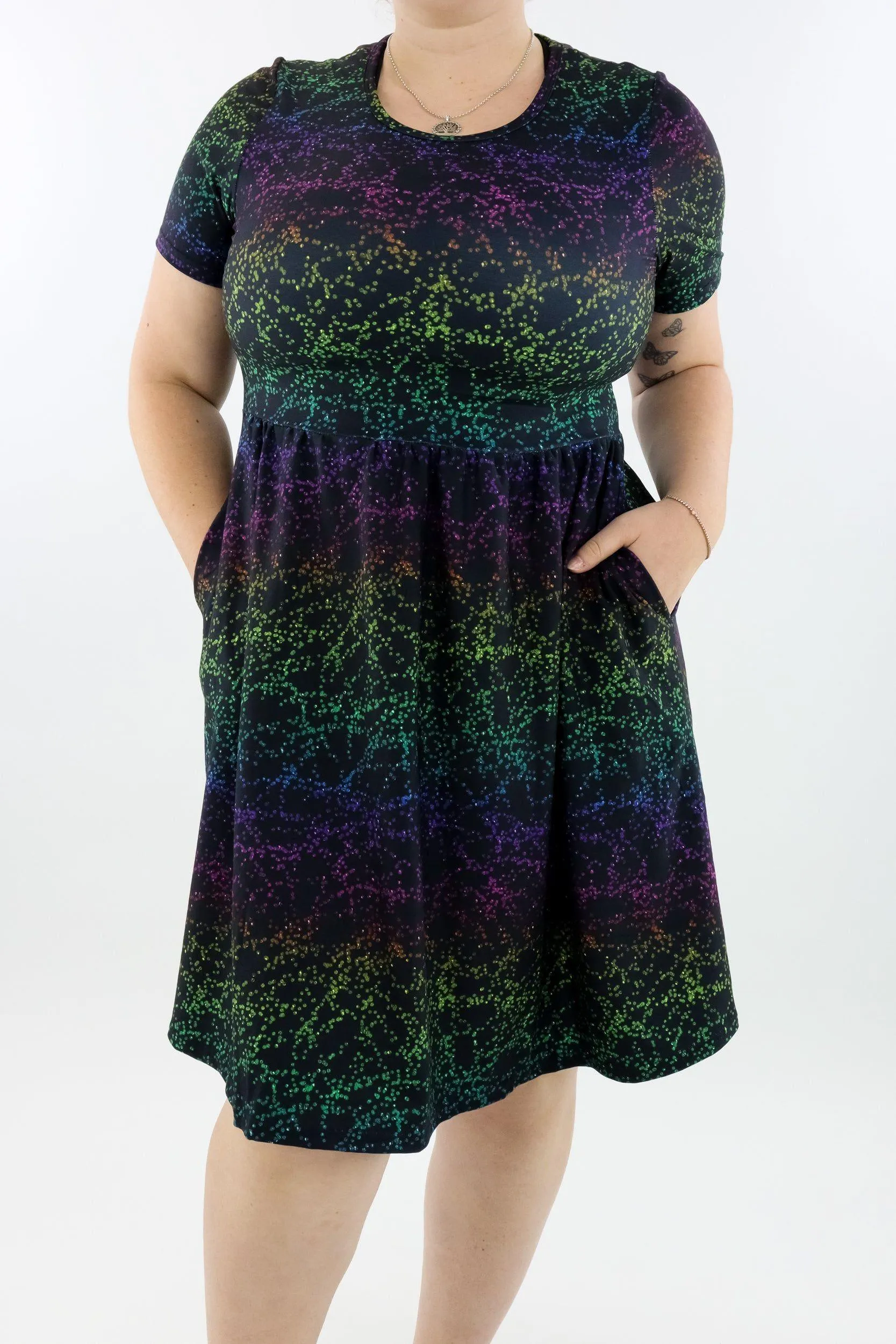 Rainbow Glitter - Short Sleeve Skater Dress - Knee Length - Side Pockets