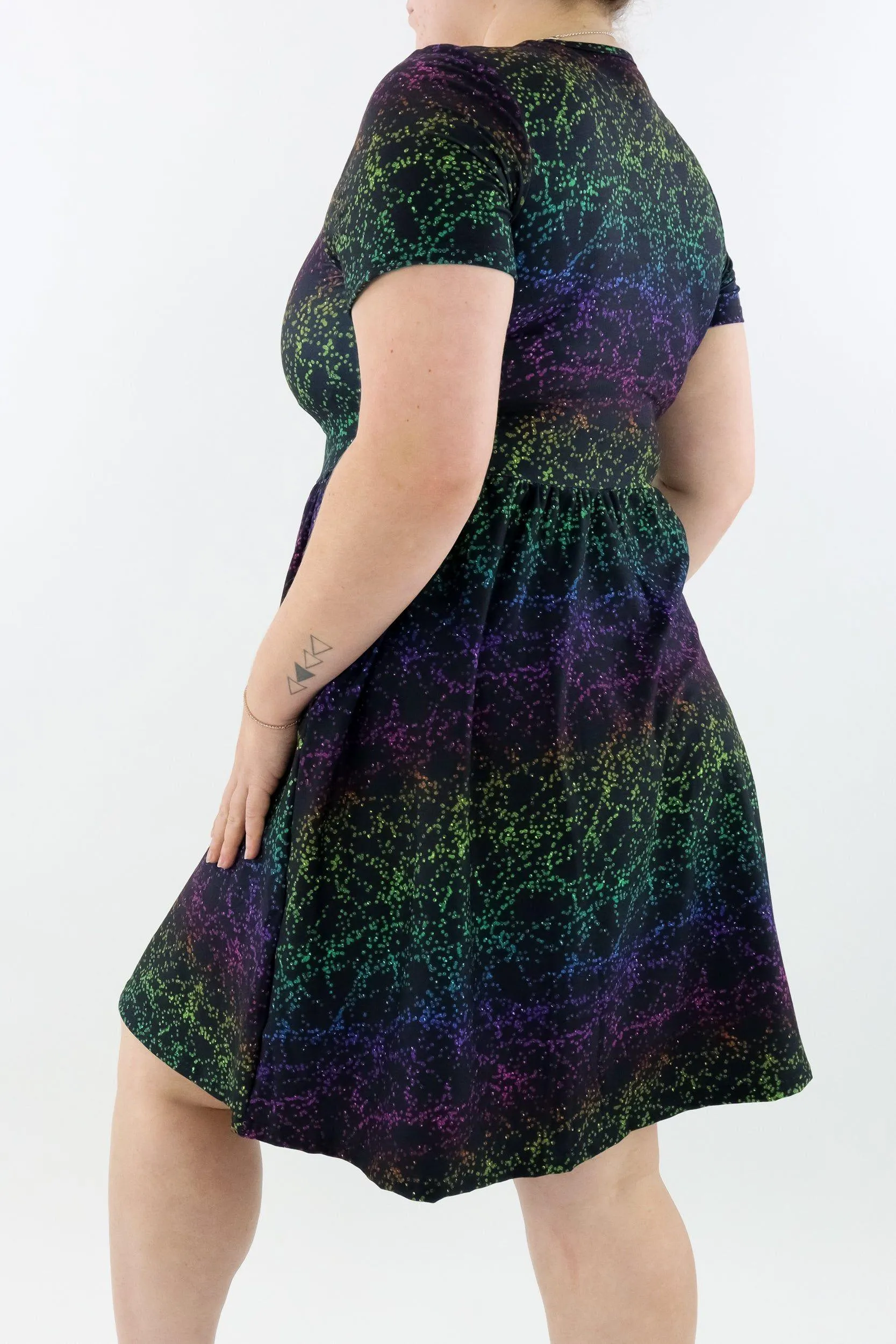 Rainbow Glitter - Short Sleeve Skater Dress - Knee Length - Side Pockets