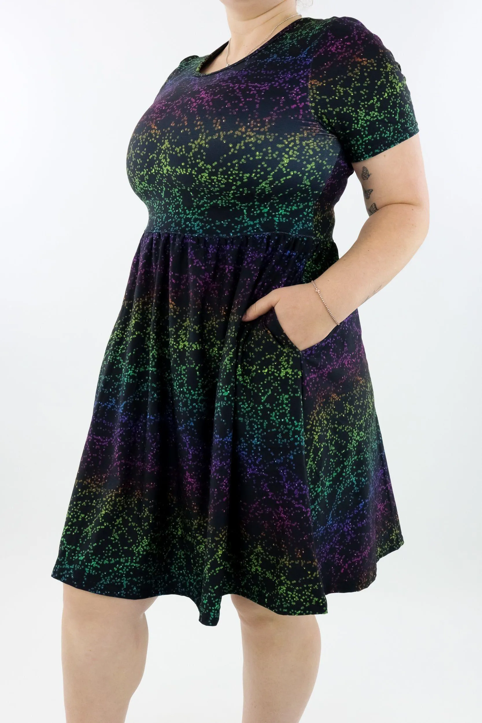 Rainbow Glitter - Short Sleeve Skater Dress - Knee Length - Side Pockets