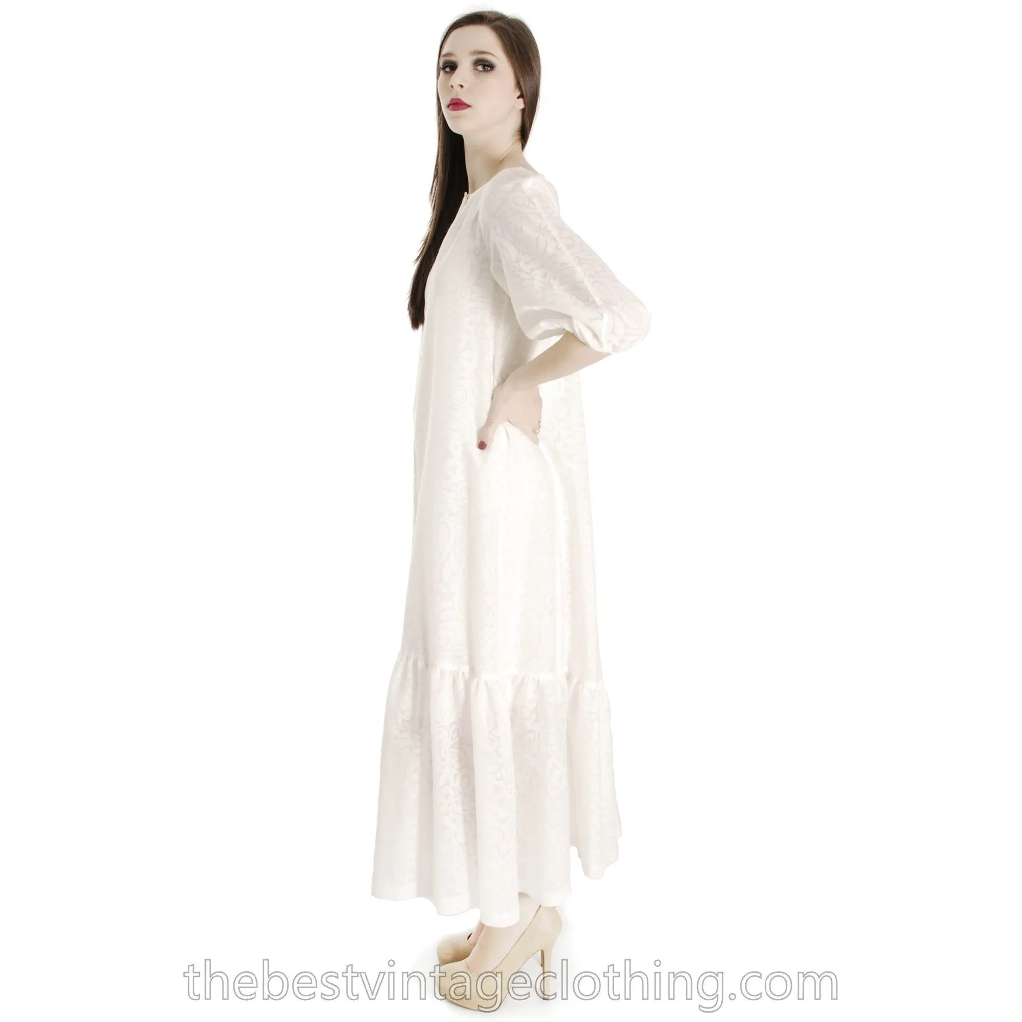 Rare Marimekko Vintage Maxi Dress Sheer White on White Damask Cotton Voile   S-M 36/8 Wedding
