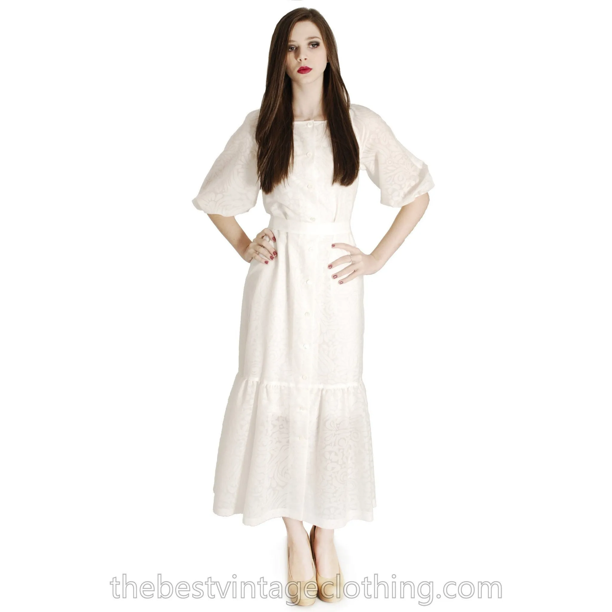 Rare Marimekko Vintage Maxi Dress Sheer White on White Damask Cotton Voile   S-M 36/8 Wedding