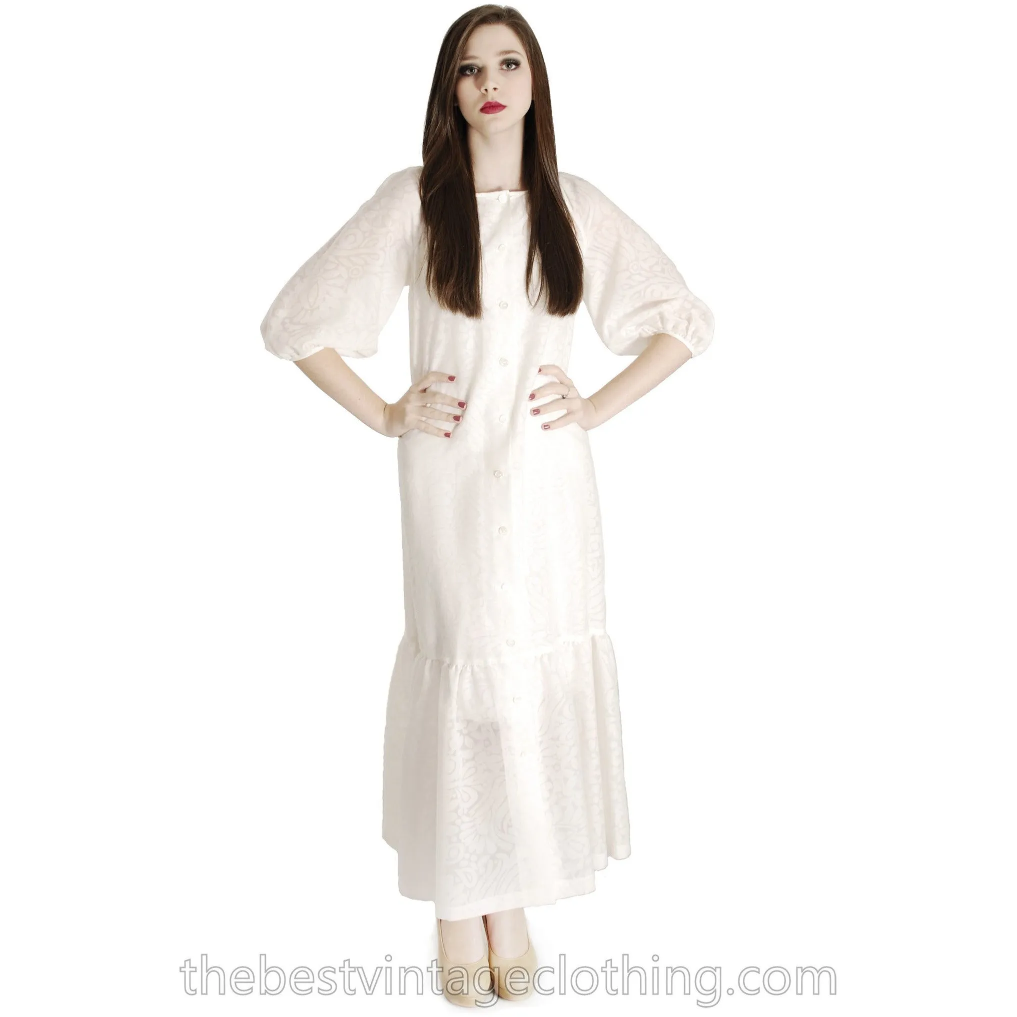 Rare Marimekko Vintage Maxi Dress Sheer White on White Damask Cotton Voile   S-M 36/8 Wedding
