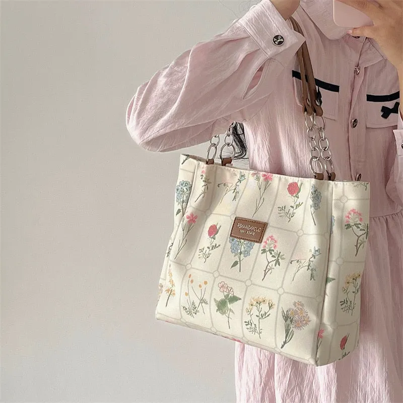 Realaiot Women's Large Capacity Tote Bag Retro Flower Print Female Shoulder Bag Vintage Design Ladies Chain Commuter Bags Flora Handbags