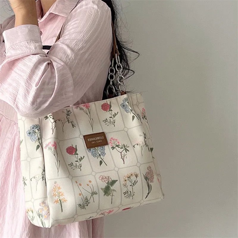 Realaiot Women's Large Capacity Tote Bag Retro Flower Print Female Shoulder Bag Vintage Design Ladies Chain Commuter Bags Flora Handbags