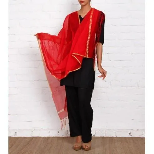 Red & Maroon Raw Silk Dupatta