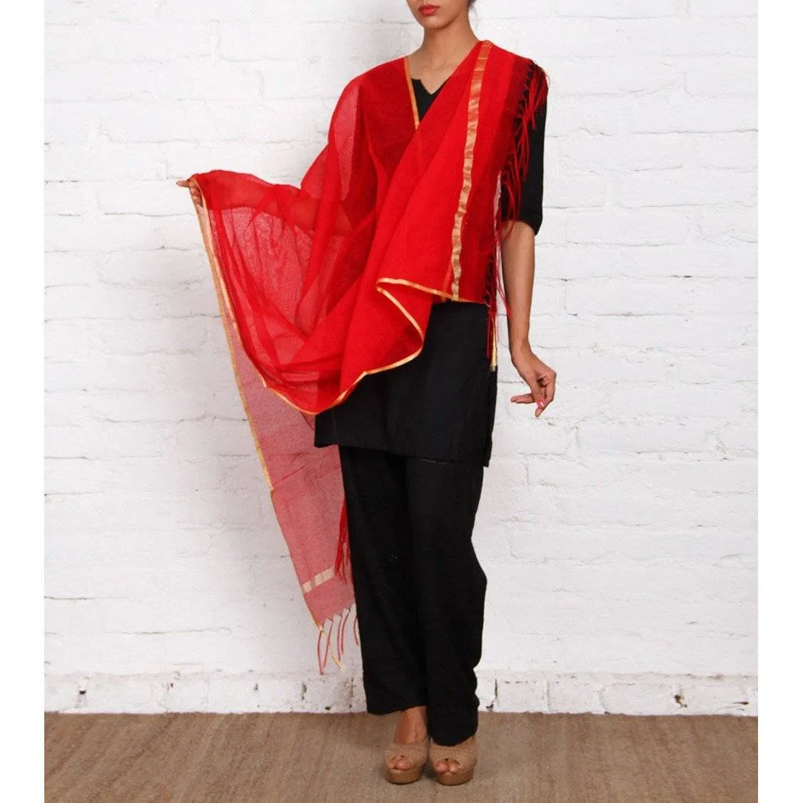 Red & Maroon Raw Silk Dupatta
