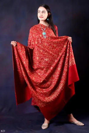 Red Colour Sozni Embroidered Handwoven Pashmina Shawl
