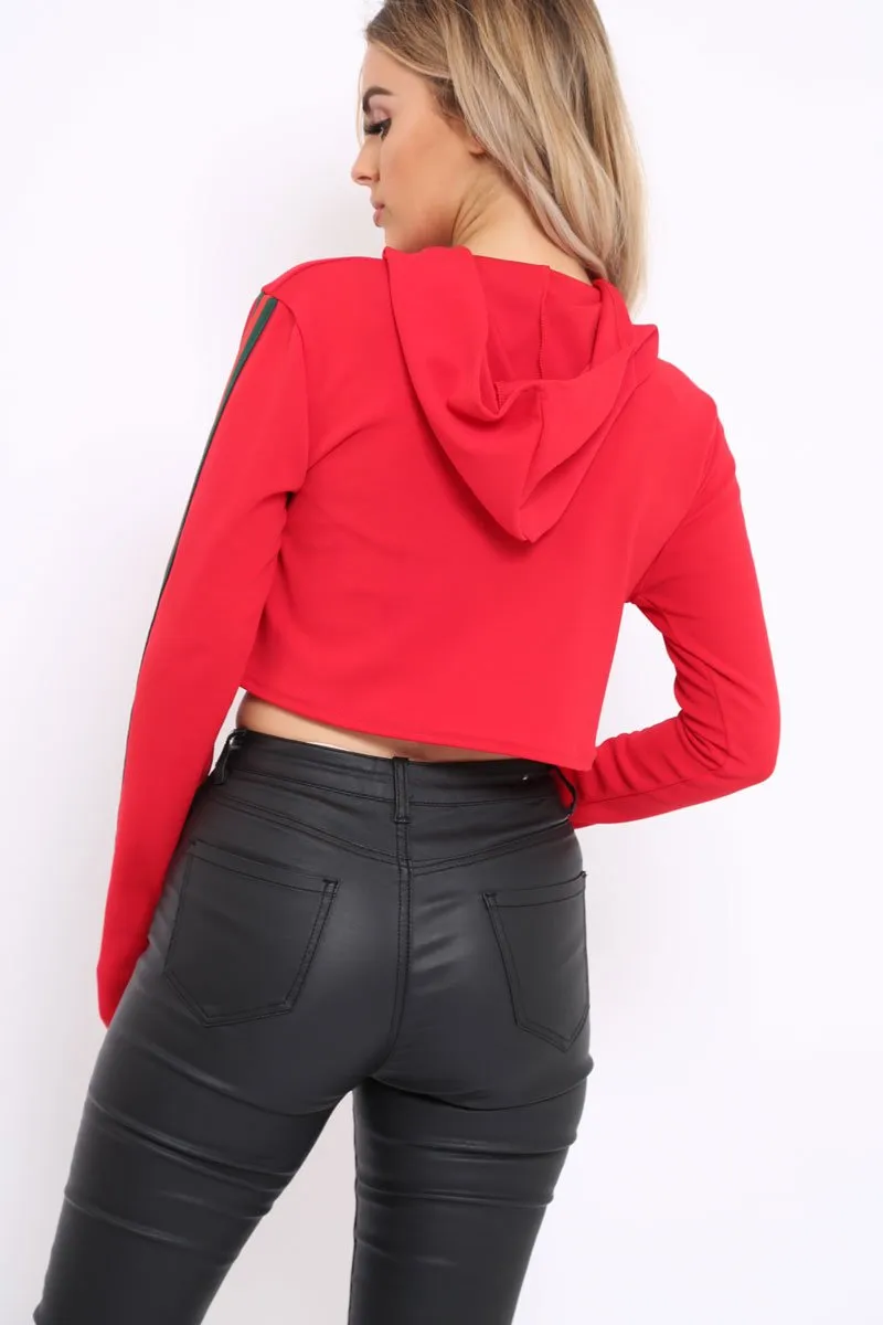 Red Cropped Hoodie with Striped Trim - Essie