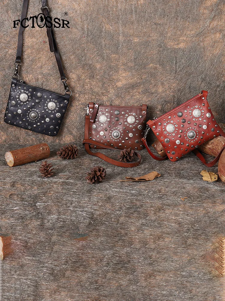 Red Leather Womens Rivets Shoulder Bags Saddle Vintage Slim Crossbody Purse for Women