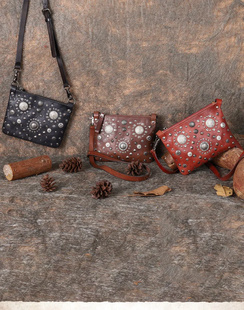 Red Leather Womens Rivets Shoulder Bags Saddle Vintage Slim Crossbody Purse for Women