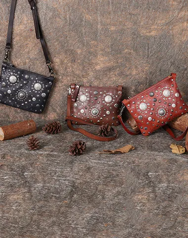 Red Leather Womens Rivets Shoulder Bags Saddle Vintage Slim Crossbody Purse for Women