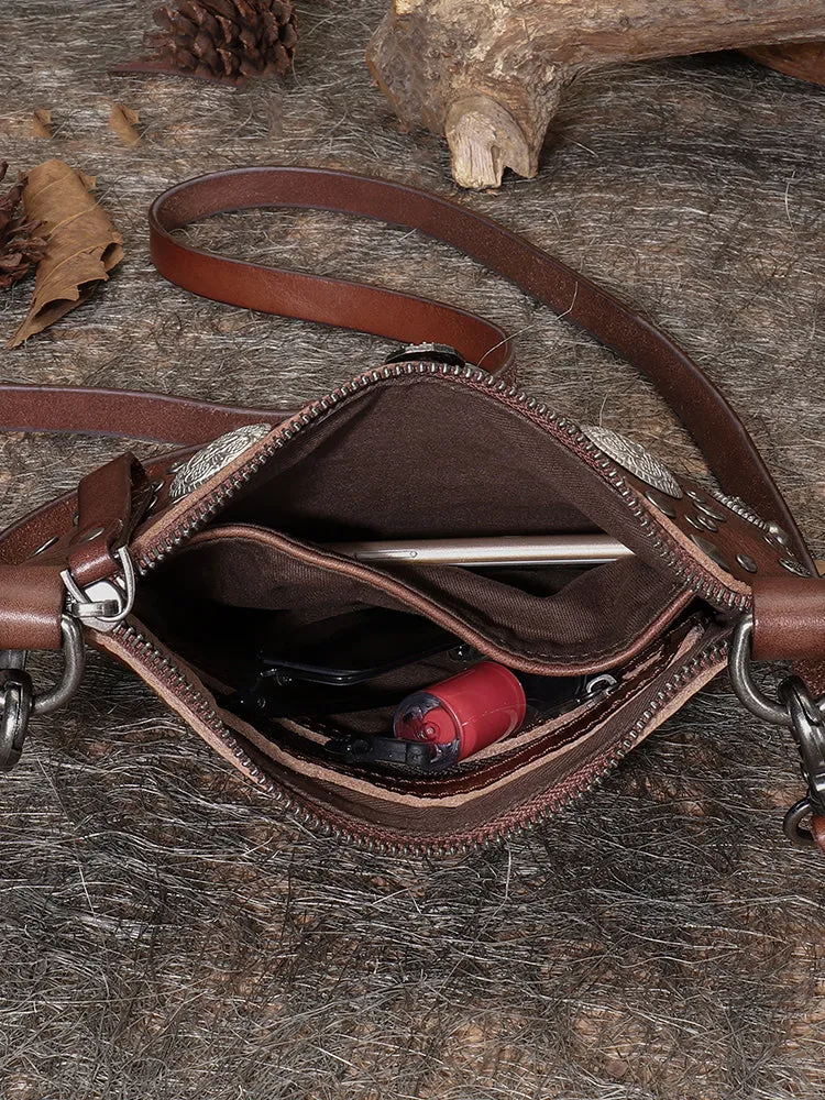 Red Leather Womens Rivets Shoulder Bags Saddle Vintage Slim Crossbody Purse for Women