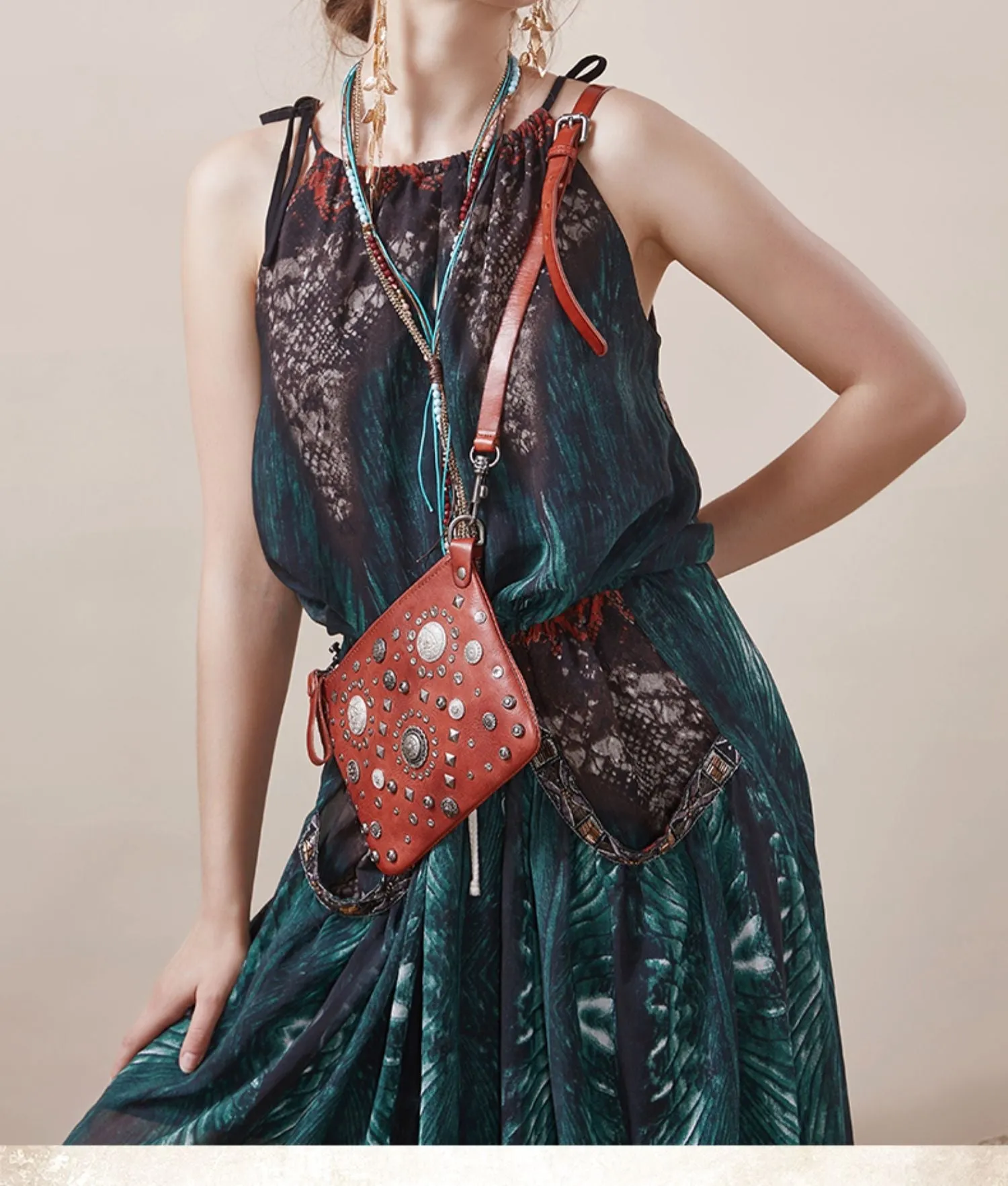 Red Leather Womens Rivets Shoulder Bags Saddle Vintage Slim Crossbody Purse for Women