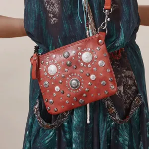 Red Leather Womens Rivets Shoulder Bags Saddle Vintage Slim Crossbody Purse for Women