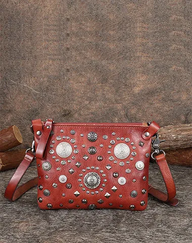 Red Leather Womens Rivets Shoulder Bags Saddle Vintage Slim Crossbody Purse for Women