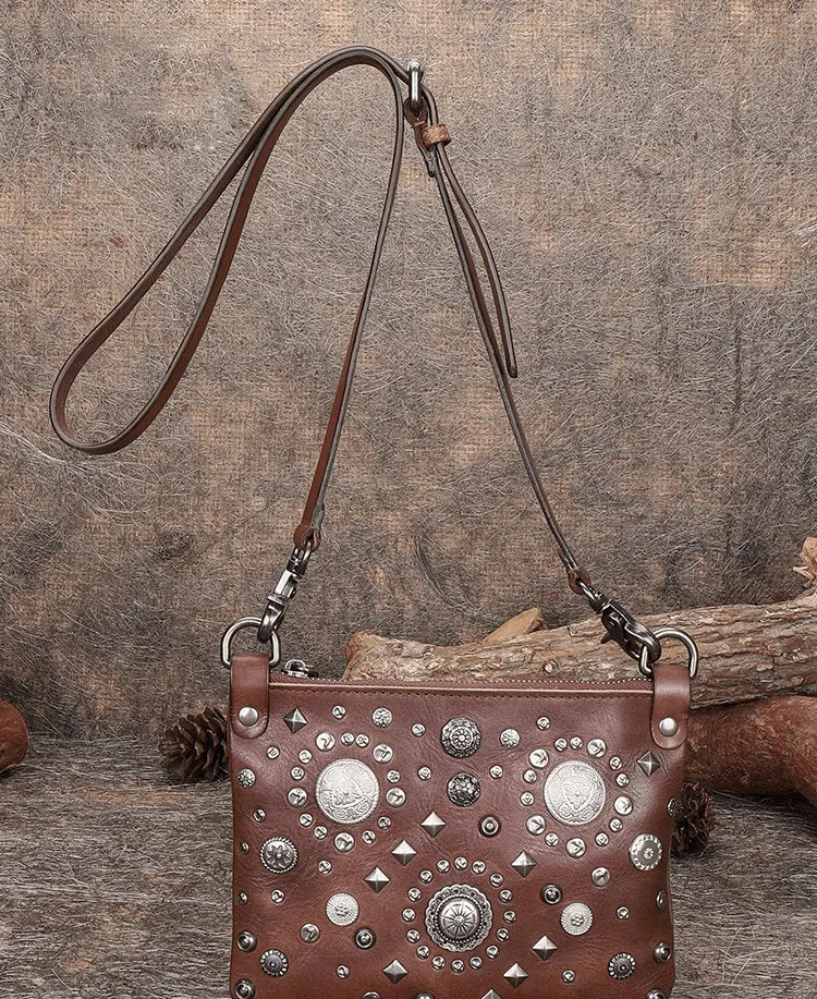 Red Leather Womens Rivets Shoulder Bags Saddle Vintage Slim Crossbody Purse for Women