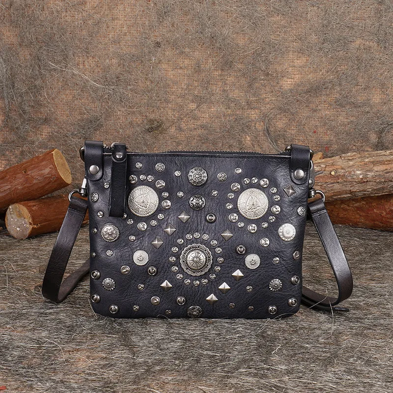 Red Leather Womens Rivets Shoulder Bags Saddle Vintage Slim Crossbody Purse for Women