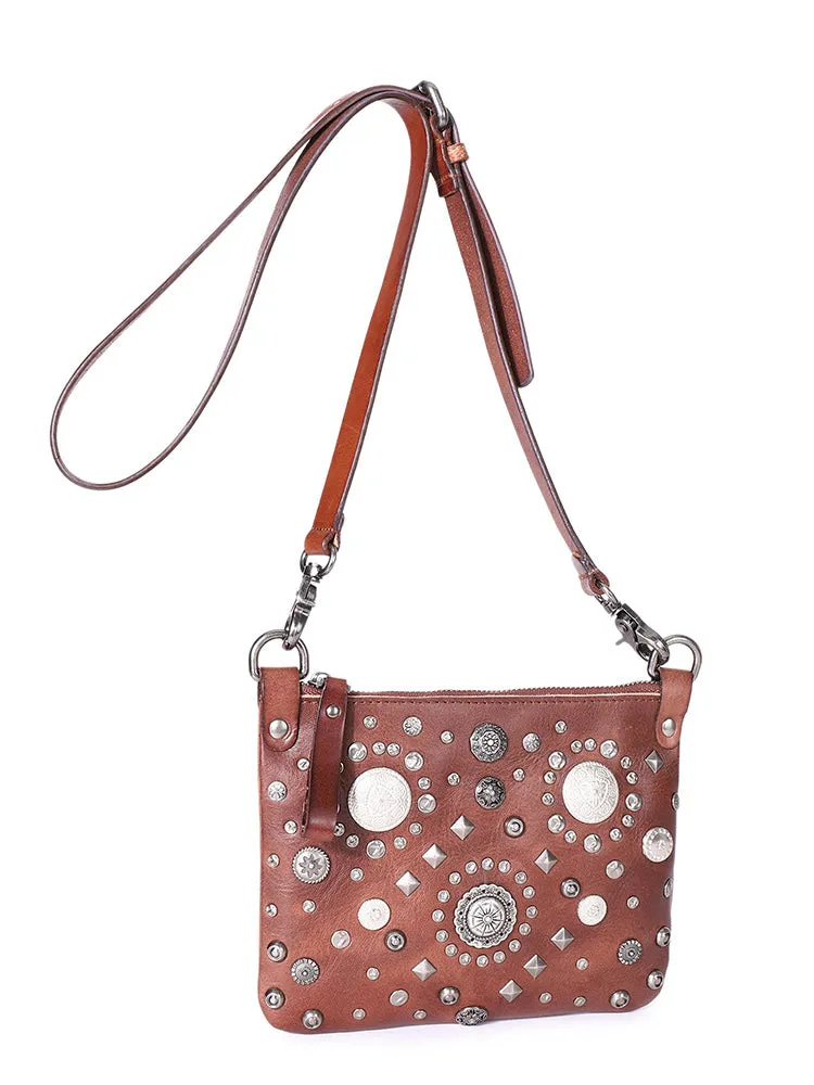 Red Leather Womens Rivets Shoulder Bags Saddle Vintage Slim Crossbody Purse for Women