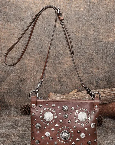Red Leather Womens Rivets Shoulder Bags Saddle Vintage Slim Crossbody Purse for Women