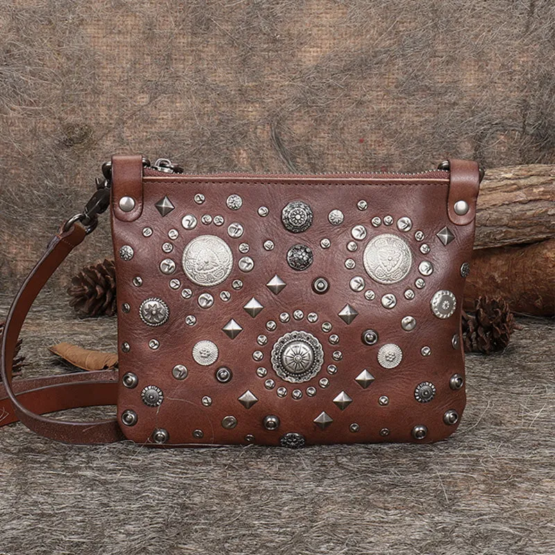 Red Leather Womens Rivets Shoulder Bags Saddle Vintage Slim Crossbody Purse for Women