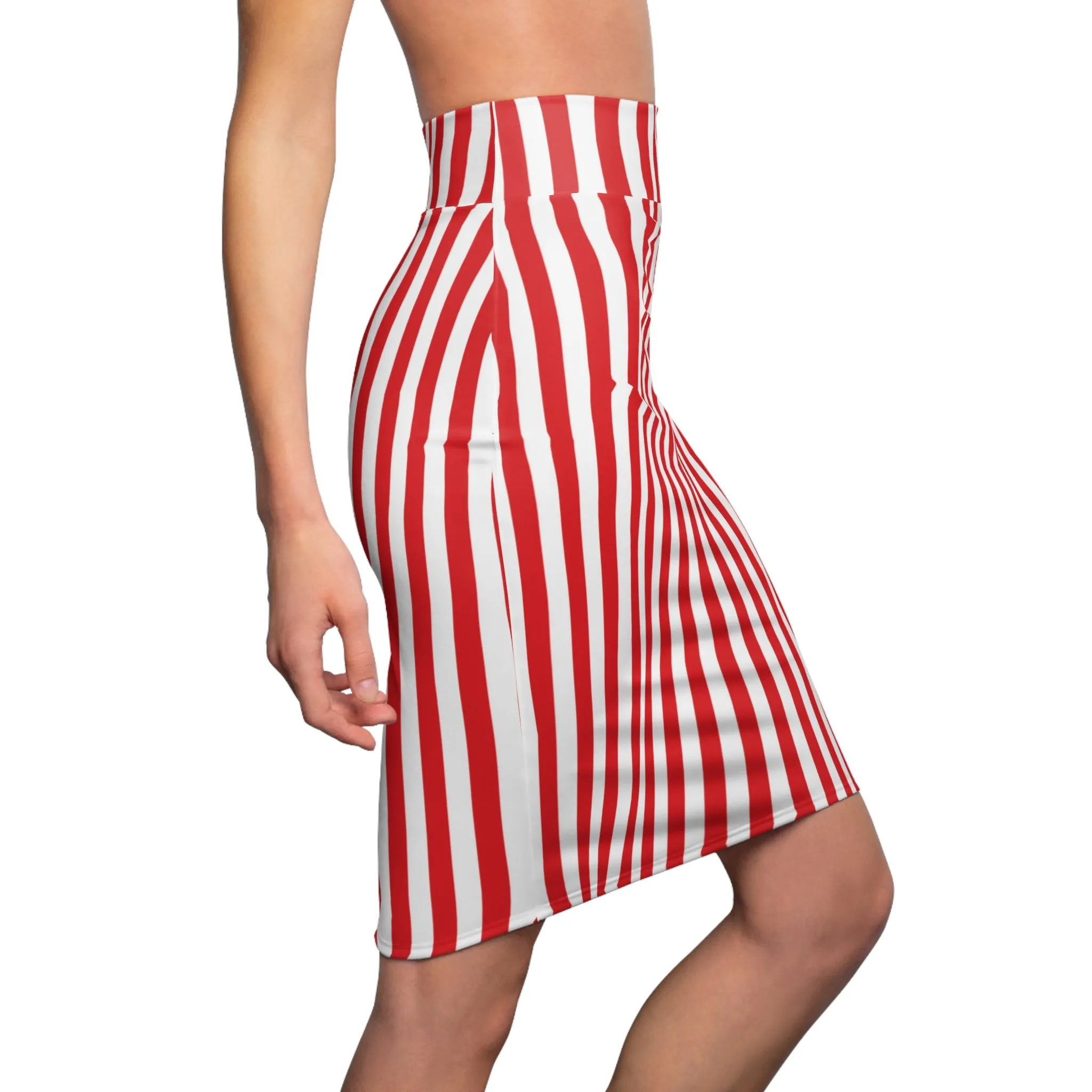 Red White Vertical Stripe Tight Pencil Womens Skirt - Saiko Studio
