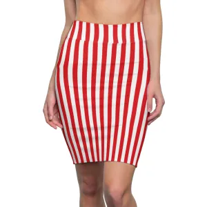 Red White Vertical Stripe Tight Pencil Womens Skirt - Saiko Studio