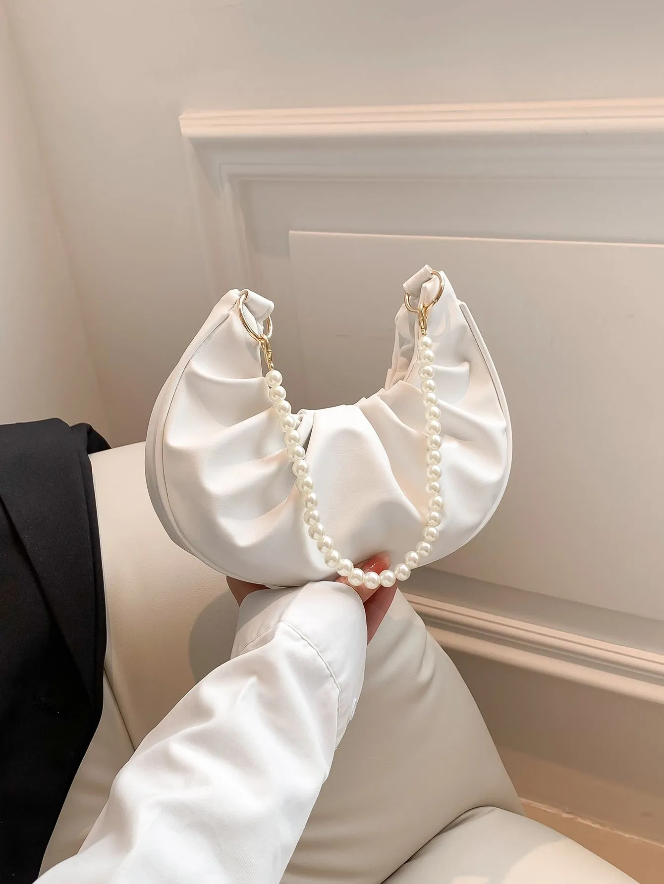 Rhinestone Pearl Chain Decor Small Ruched Bag - White