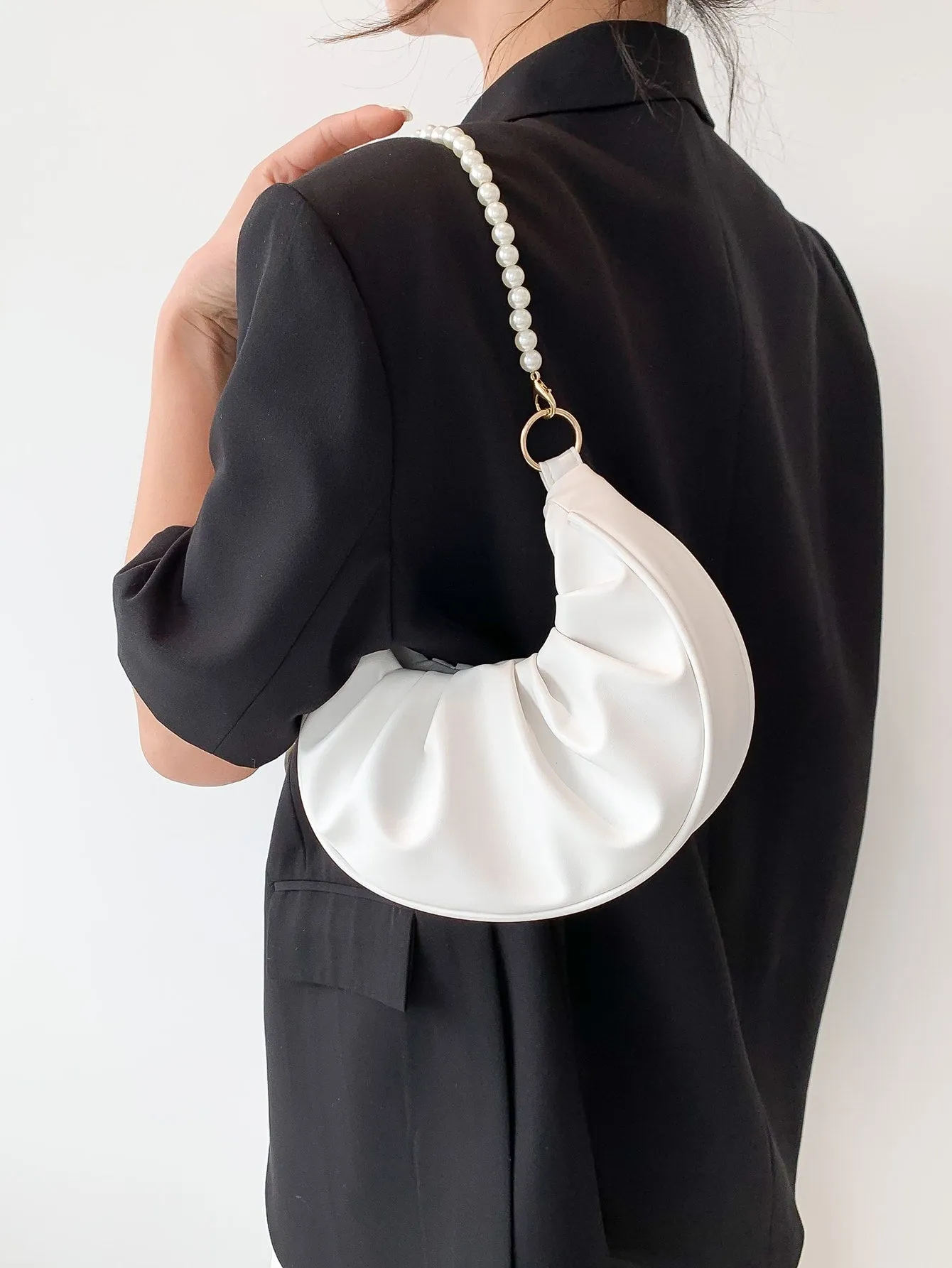 Rhinestone Pearl Chain Decor Small Ruched Bag - White