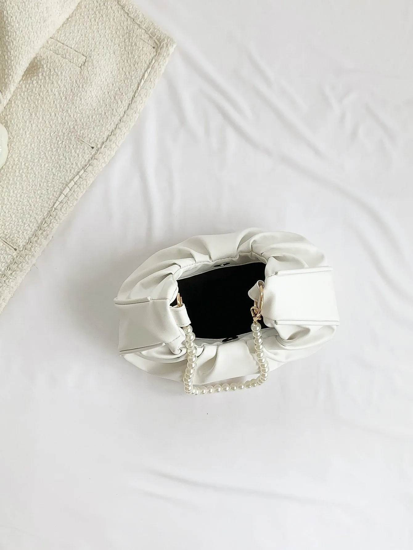 Rhinestone Pearl Chain Decor Small Ruched Bag - White